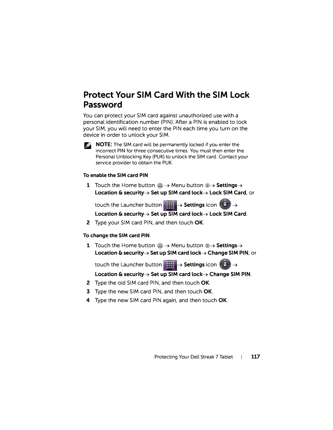Dell 7 user manual Protect Your SIM Card With the SIM Lock Password 