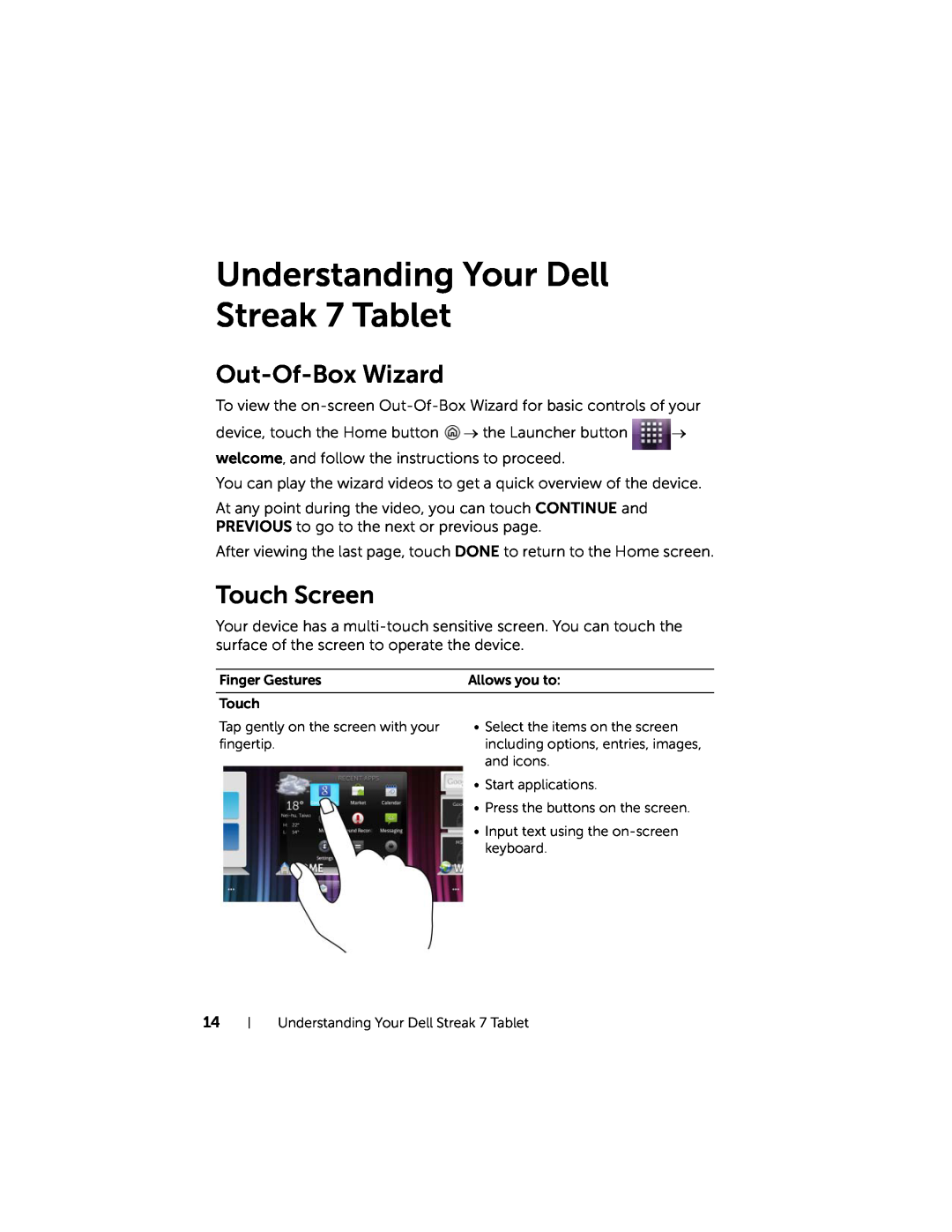 Dell user manual Understanding Your Dell Streak 7 Tablet, Out-Of-Box Wizard, Touch Screen 