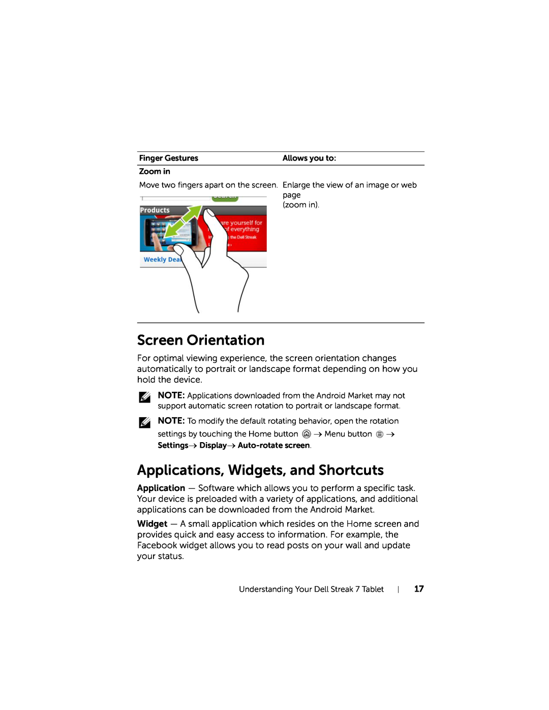 Dell 7 user manual Screen Orientation, Applications, Widgets, and Shortcuts 