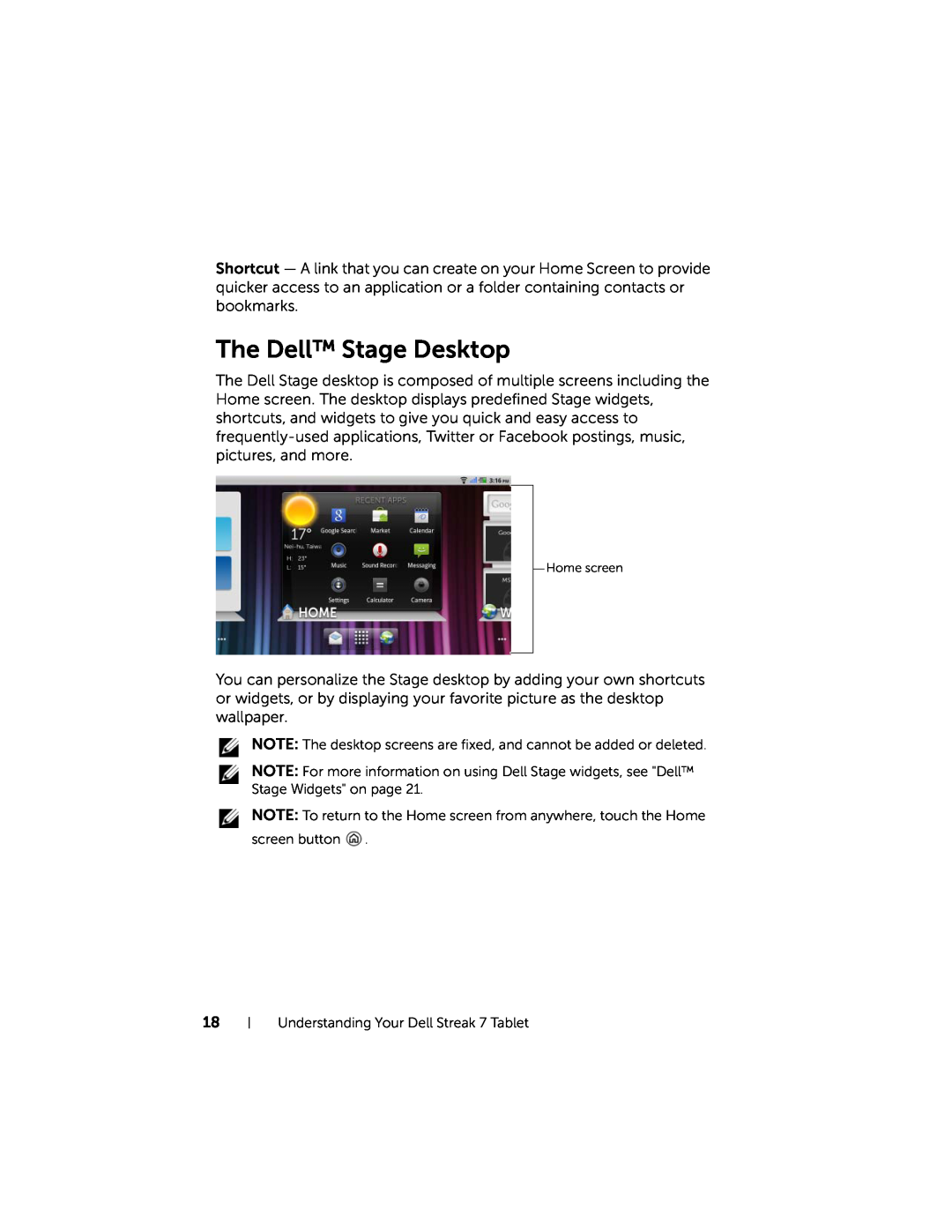 Dell 7 user manual The Dell Stage Desktop, Home screen 