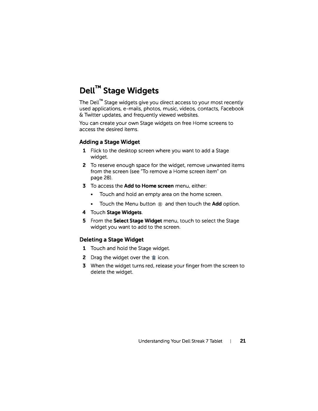 Dell 7 user manual Dell Stage Widgets, Adding a Stage Widget, Deleting a Stage Widget 