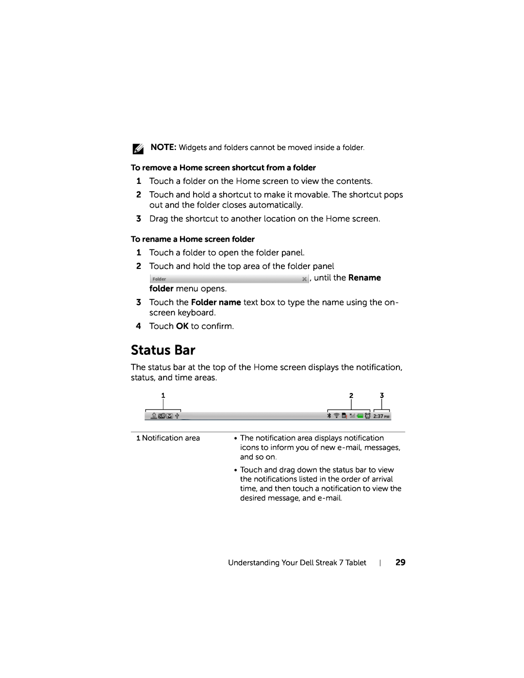 Dell 7 user manual Status Bar 