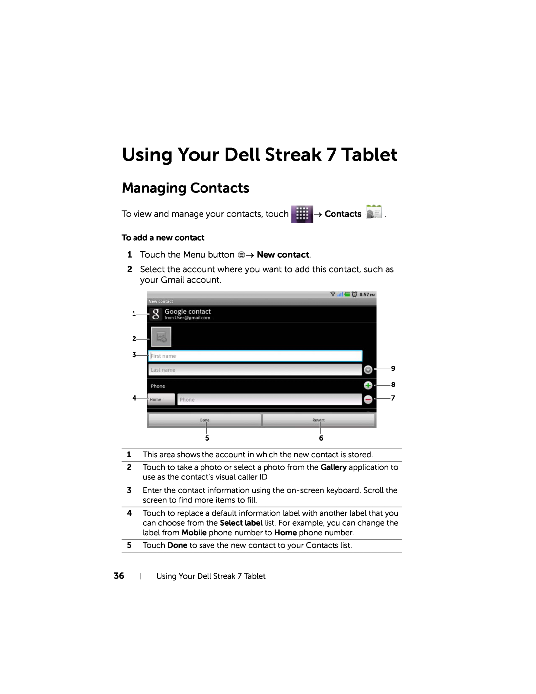 Dell user manual Using Your Dell Streak 7 Tablet, Managing Contacts 
