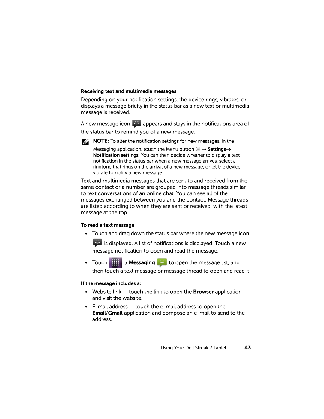 Dell 7 user manual Receiving text and multimedia messages 