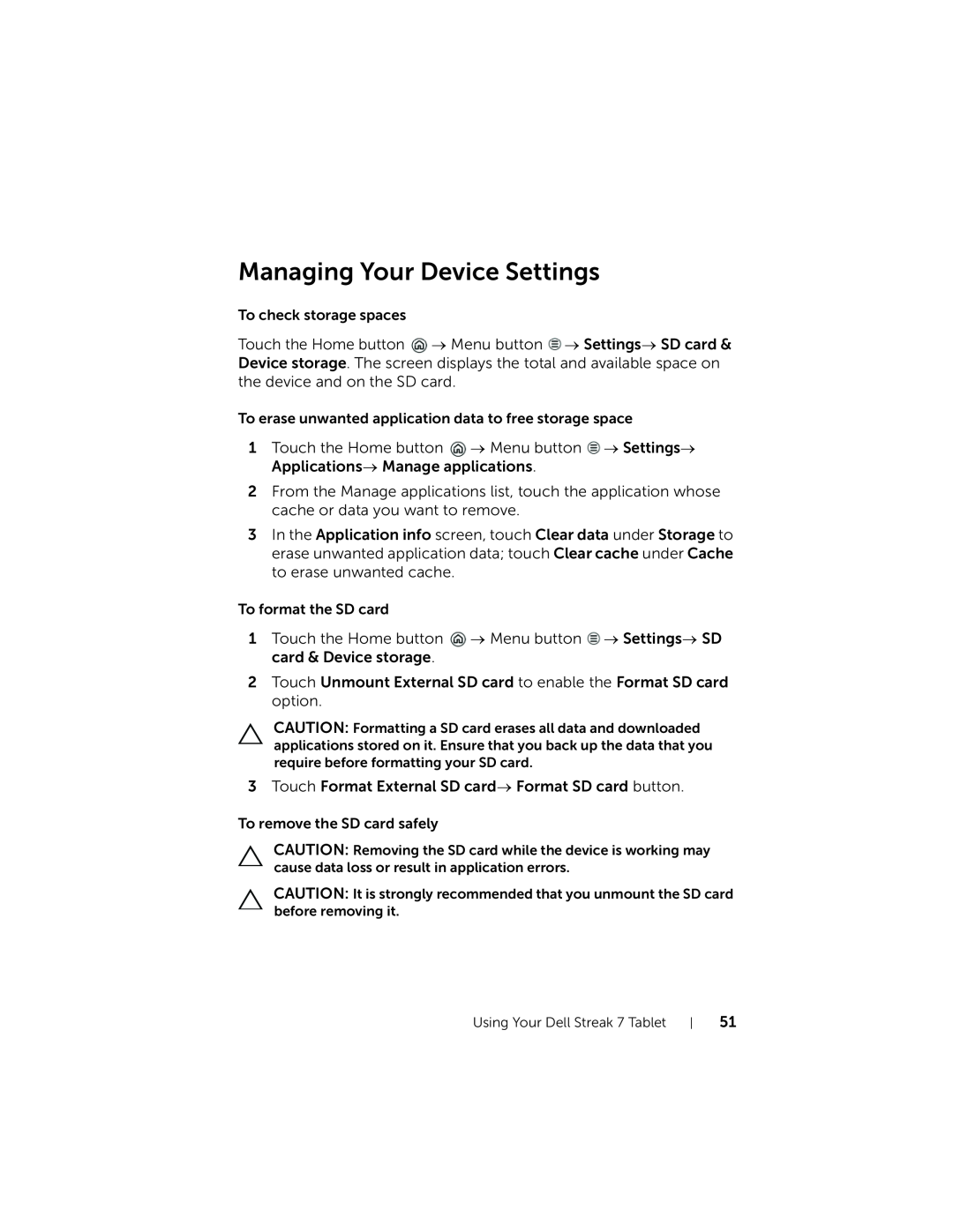 Dell 7 user manual Managing Your Device Settings 