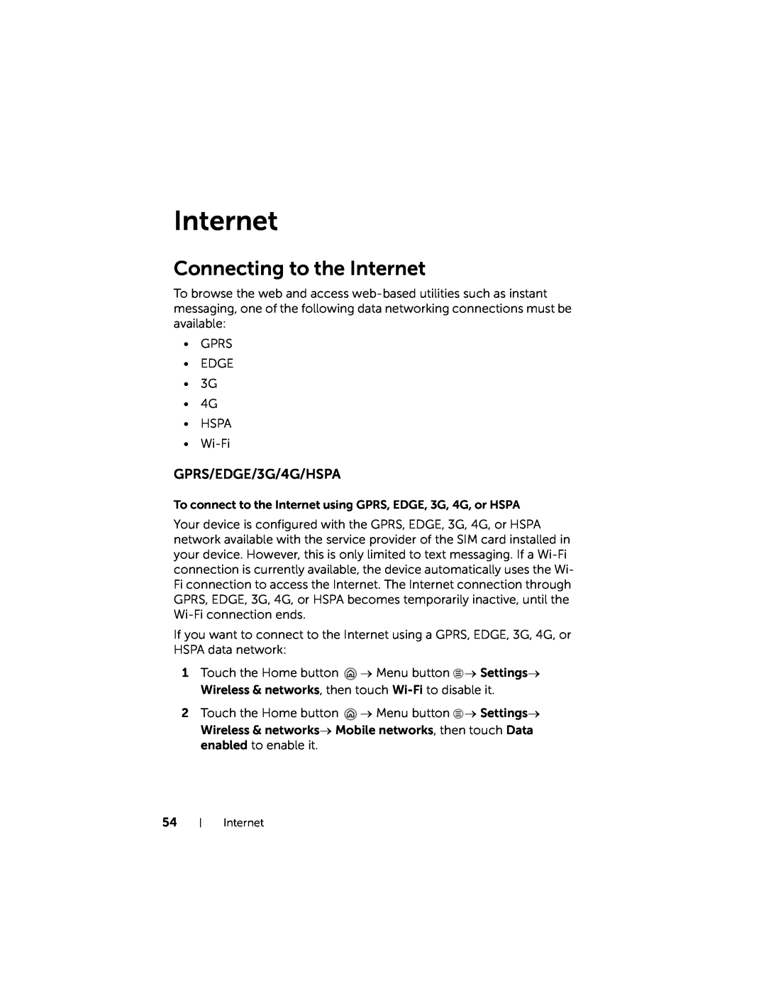 Dell 7 user manual Connecting to the Internet, GPRS/EDGE/3G/4G/HSPA 