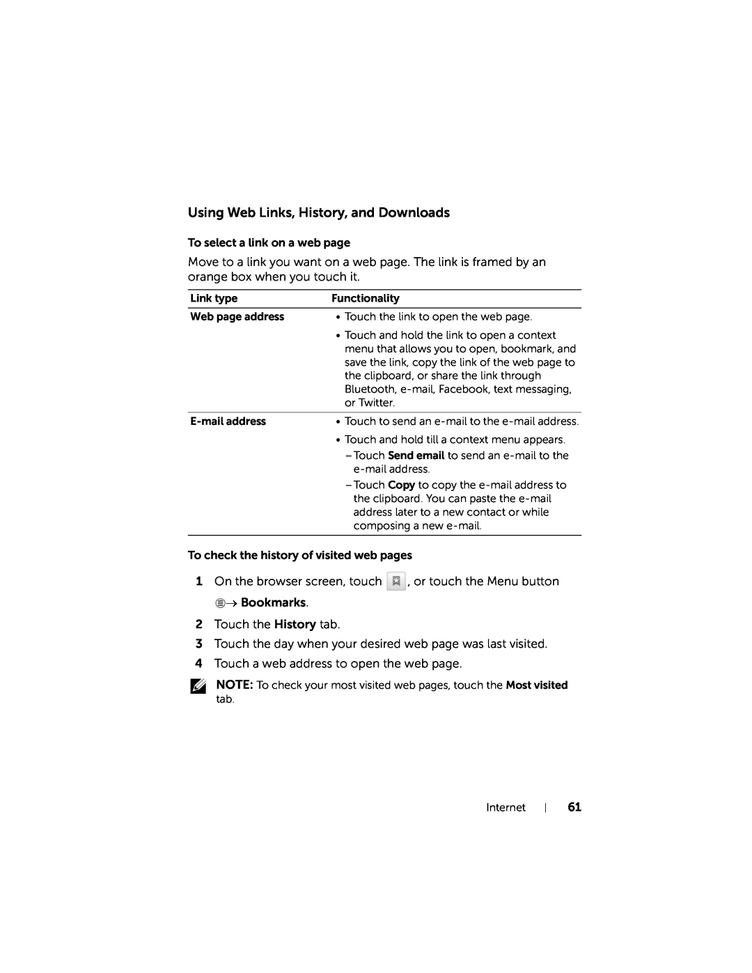 Dell 7 user manual Using Web Links, History, and Downloads 