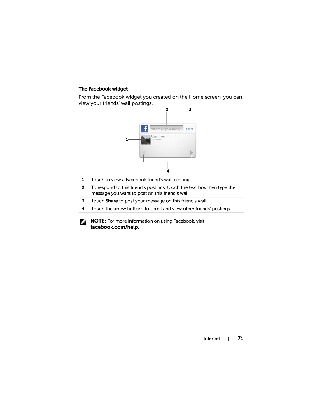 Dell 7 user manual The Facebook widget 