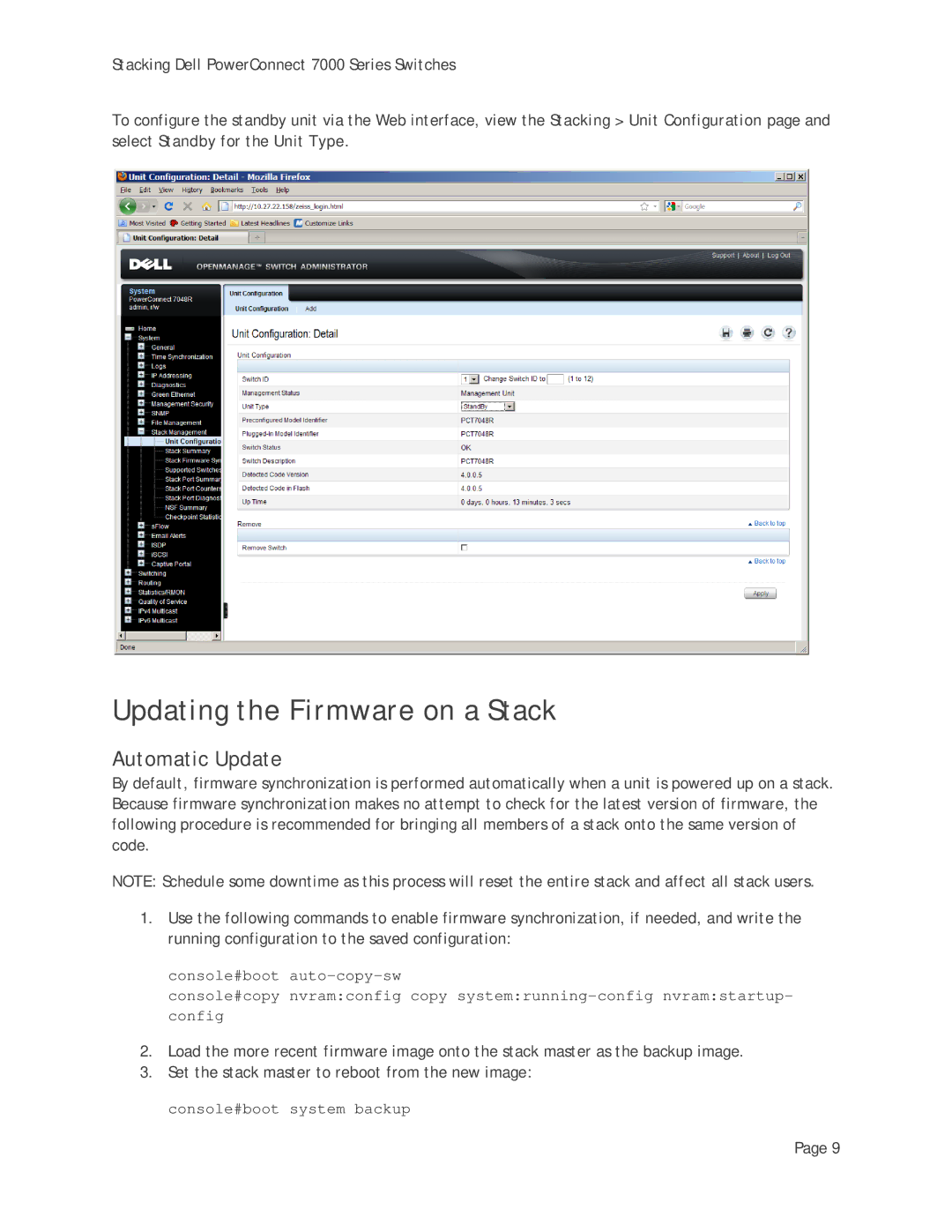 Dell 7000 Series manual Updating the Firmware on a Stack, Automatic Update 