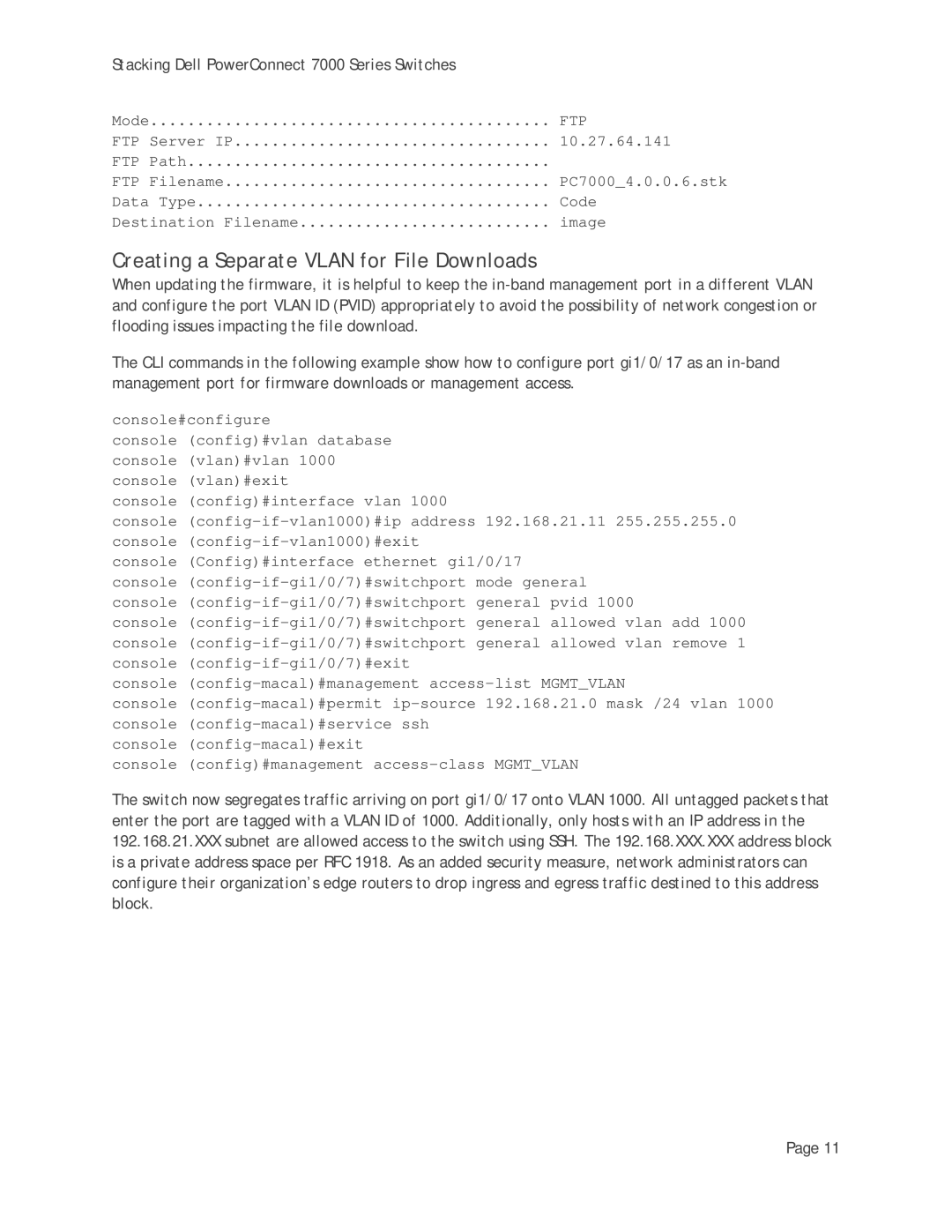 Dell 7000 Series manual Creating a Separate Vlan for File Downloads, Ftp 