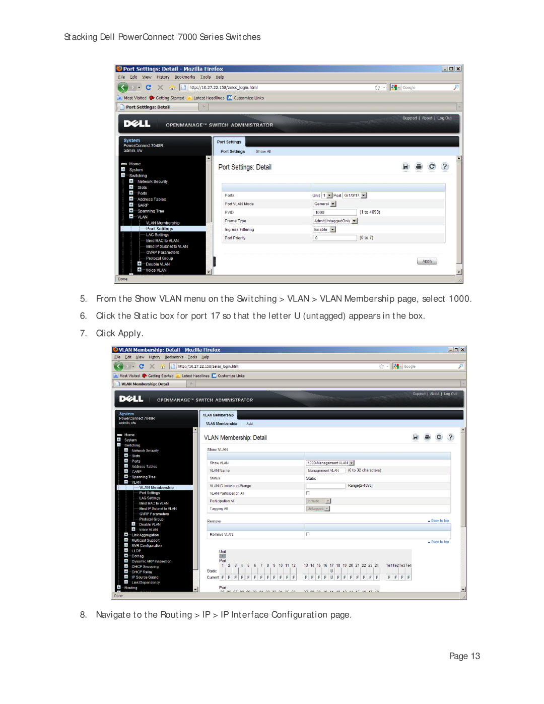 Dell 7000 Series manual Navigate to the Routing IP IP Interface Configuration 