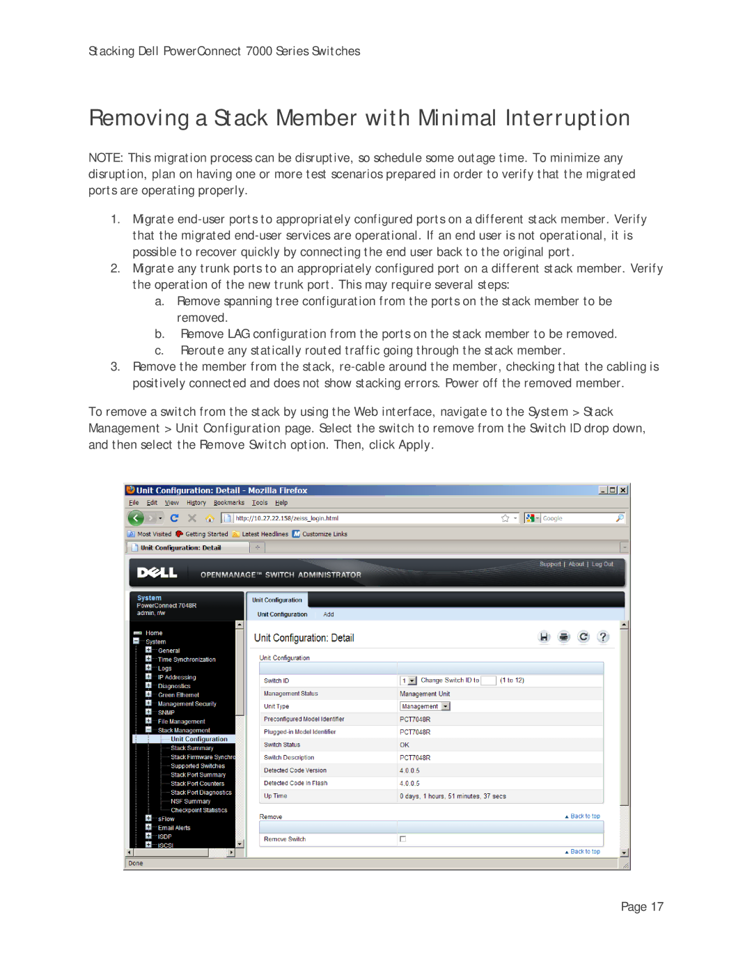 Dell 7000 Series manual Removing a Stack Member with Minimal Interruption 