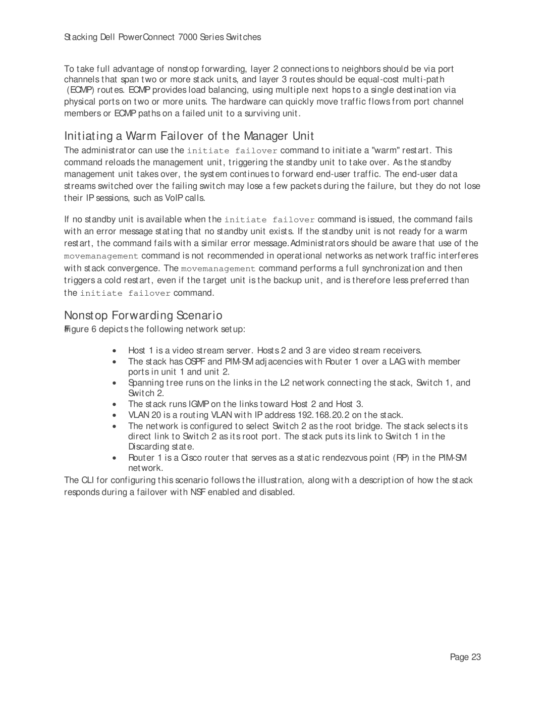 Dell 7000 Series manual Initiating a Warm Failover of the Manager Unit, Nonstop Forwarding Scenario 