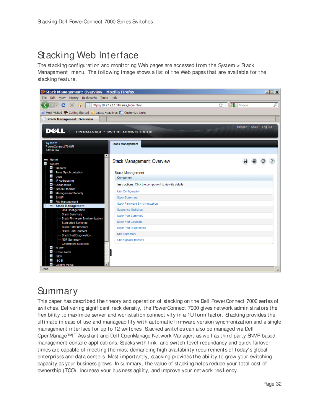 Dell 7000 Series manual Stacking Web Interface, Summary 