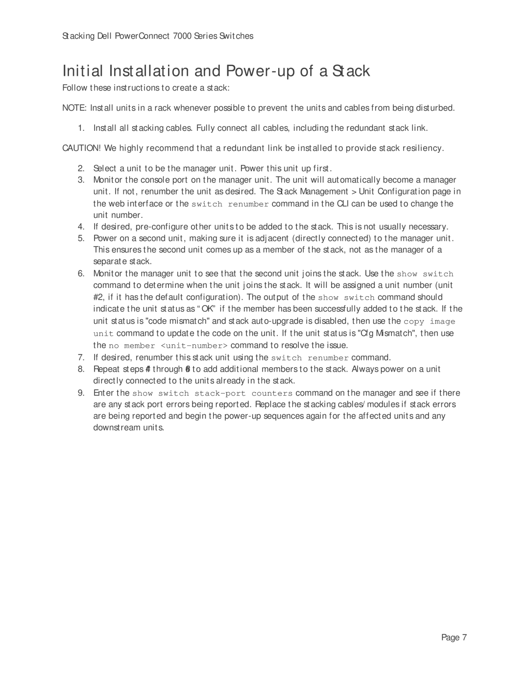 Dell 7000 Series manual Initial Installation and Power-up of a Stack 