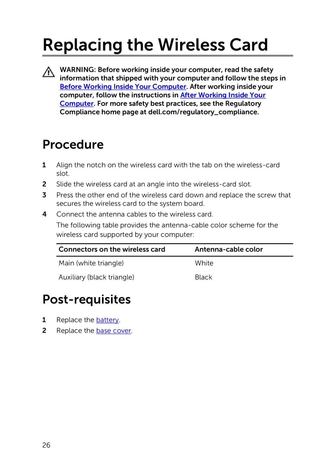 Dell 7000 service manual Replacing the Wireless Card 