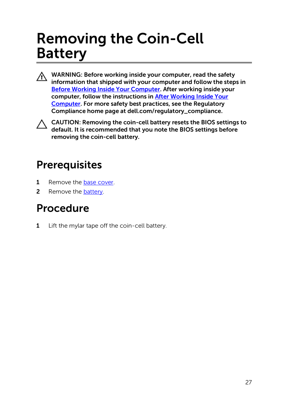 Dell 7000 service manual Removing the Coin-Cell Battery 