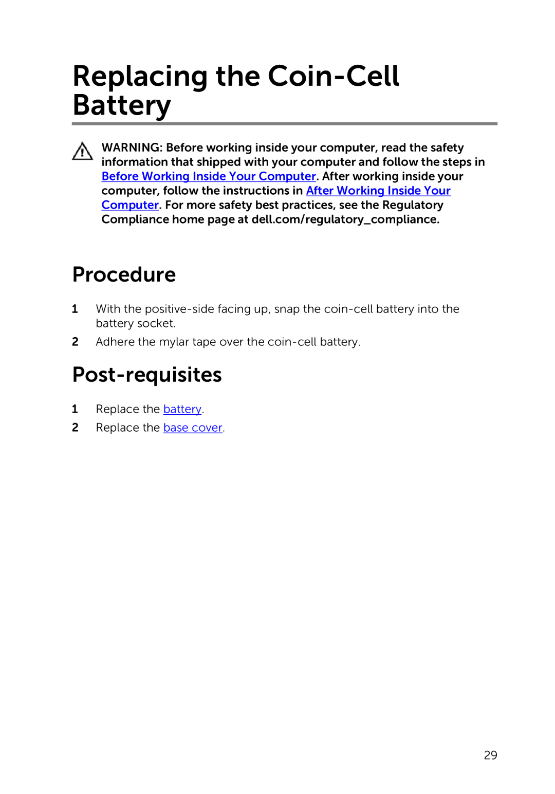 Dell 7000 service manual Replacing the Coin-Cell Battery 