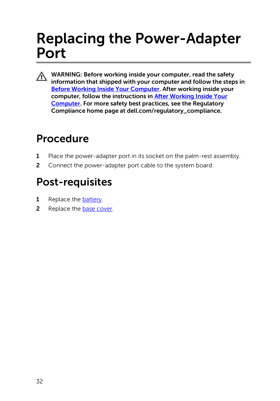 Dell 7000 service manual Replacing the Power-Adapter Port 