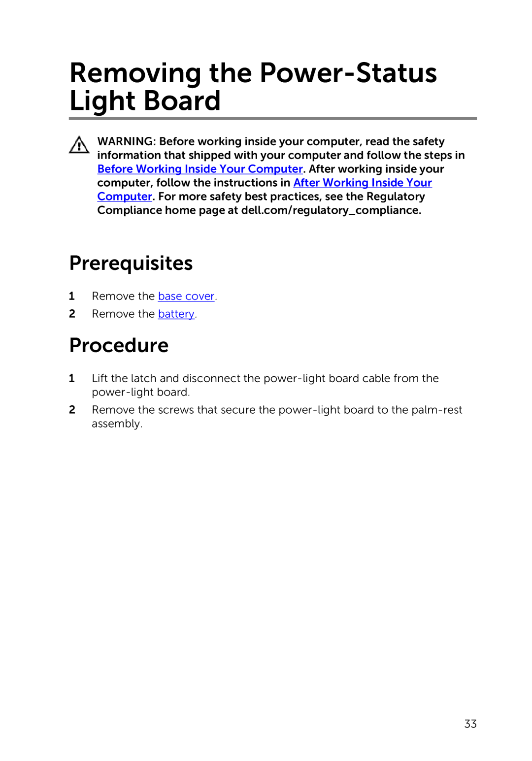 Dell 7000 service manual Removing the Power-Status Light Board 