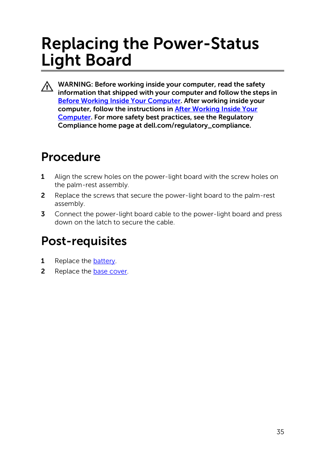 Dell 7000 service manual Replacing the Power-Status Light Board 