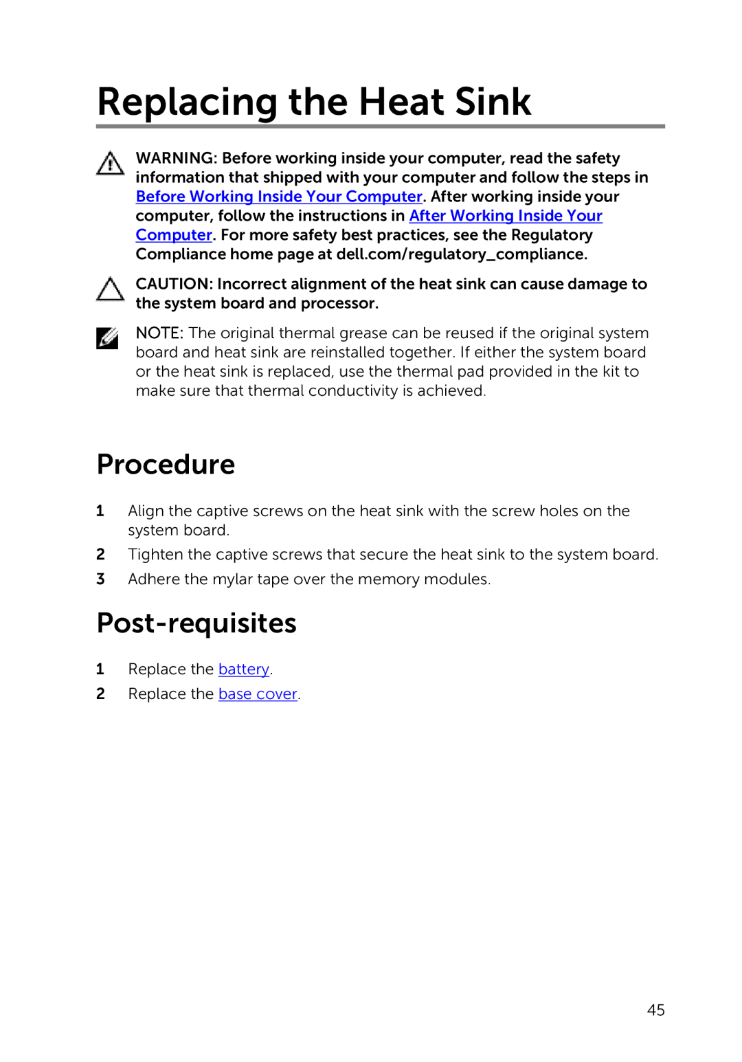 Dell 7000 service manual Replacing the Heat Sink 