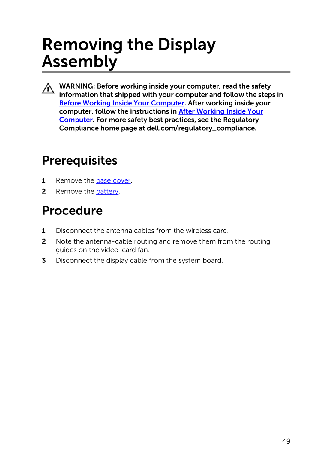 Dell 7000 service manual Removing the Display Assembly 