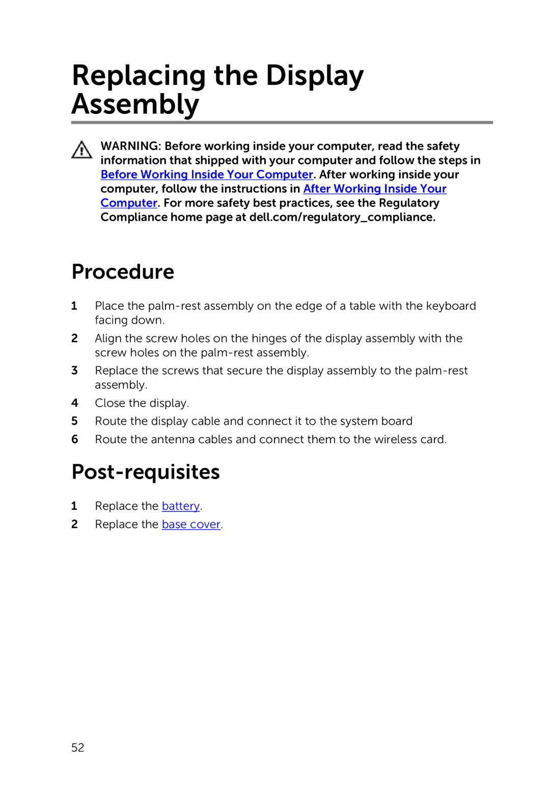 Dell 7000 service manual Replacing the Display Assembly 