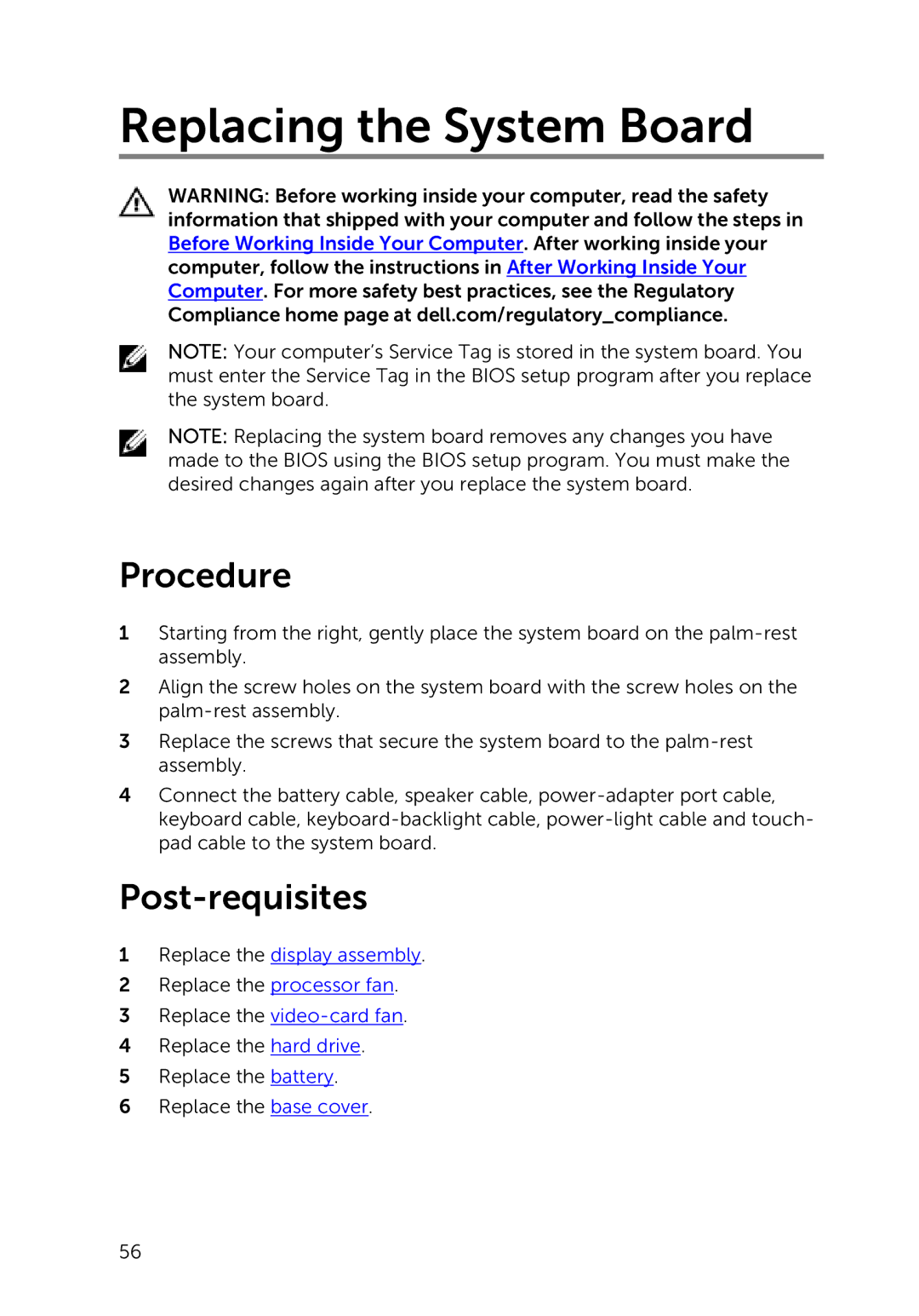 Dell 7000 service manual Replacing the System Board 