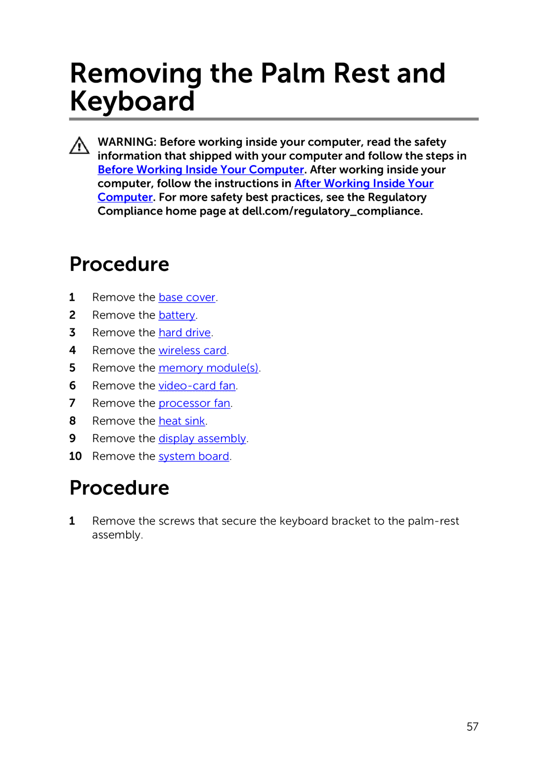 Dell 7000 service manual Removing the Palm Rest and Keyboard 