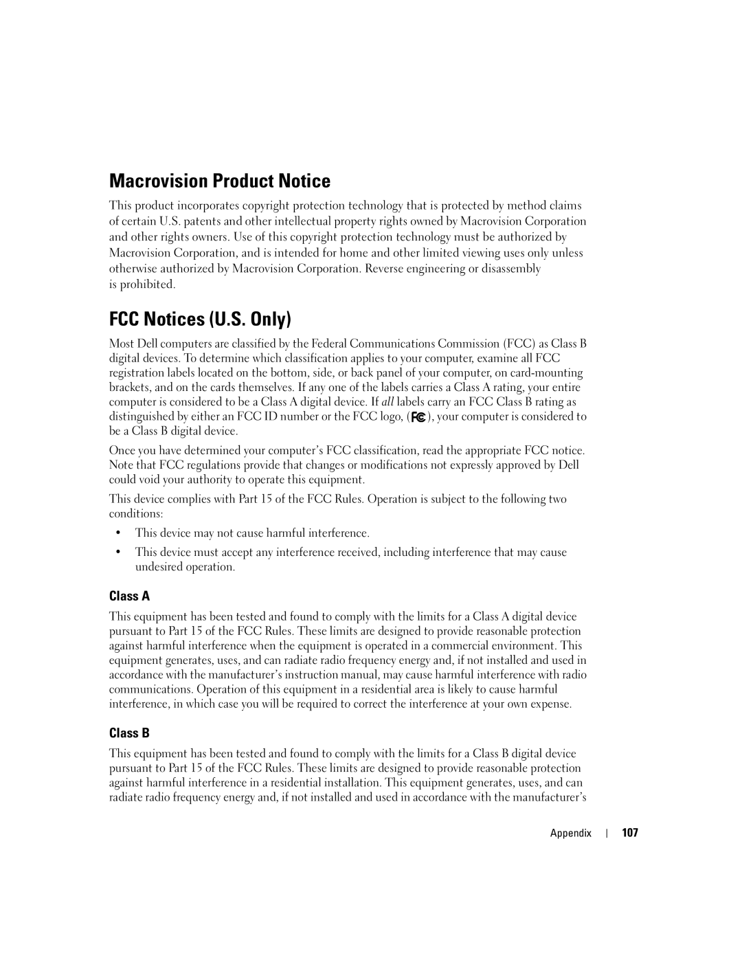 Dell 700M PP07S owner manual Macrovision Product Notice, FCC Notices U.S. Only, Class a Class B, 107 