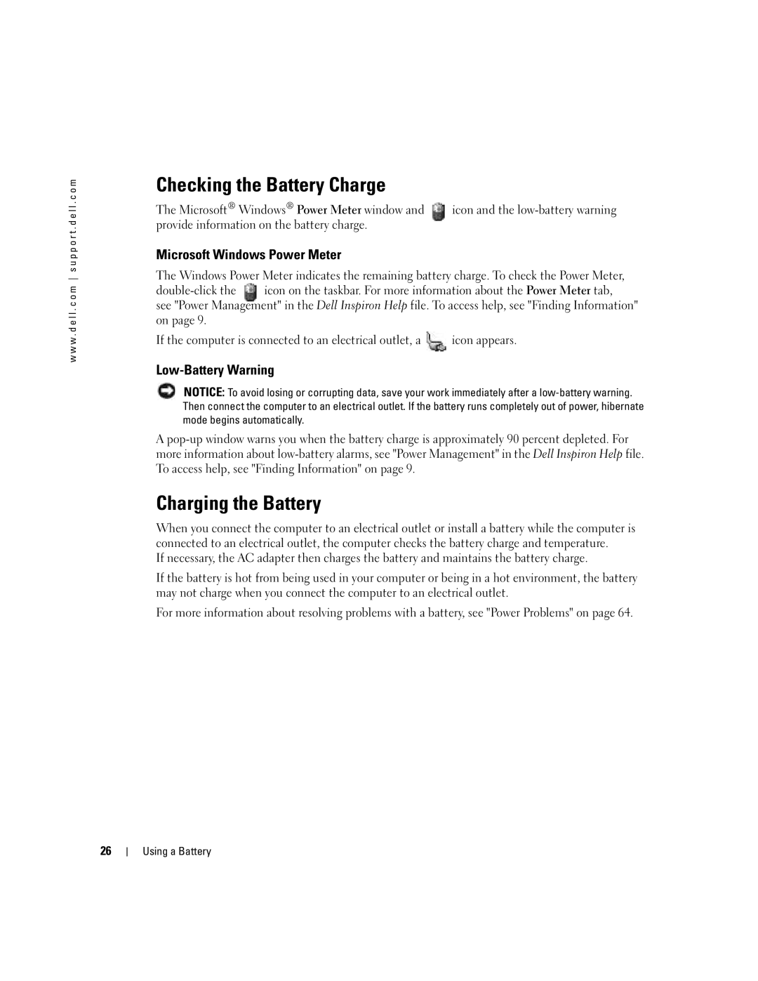 Dell 700M Checking the Battery Charge, Charging the Battery, Microsoft Windows Power Meter, Low-Battery Warning 