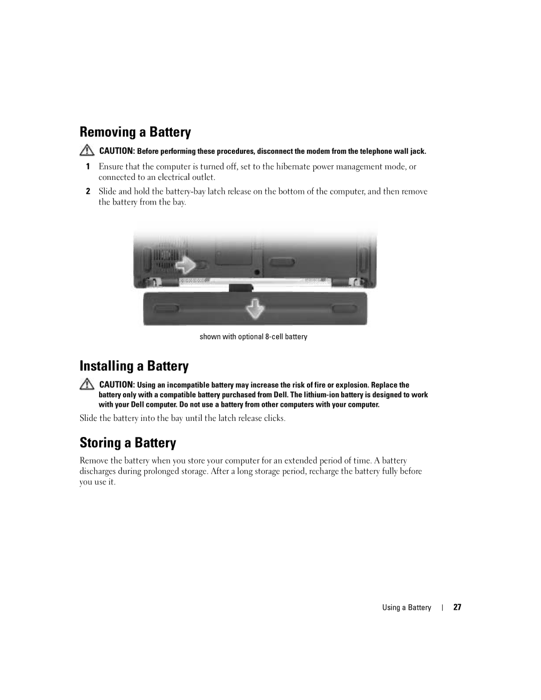 Dell 700M PP07S Removing a Battery, Installing a Battery, Storing a Battery, Shown with optional 8-cell battery 