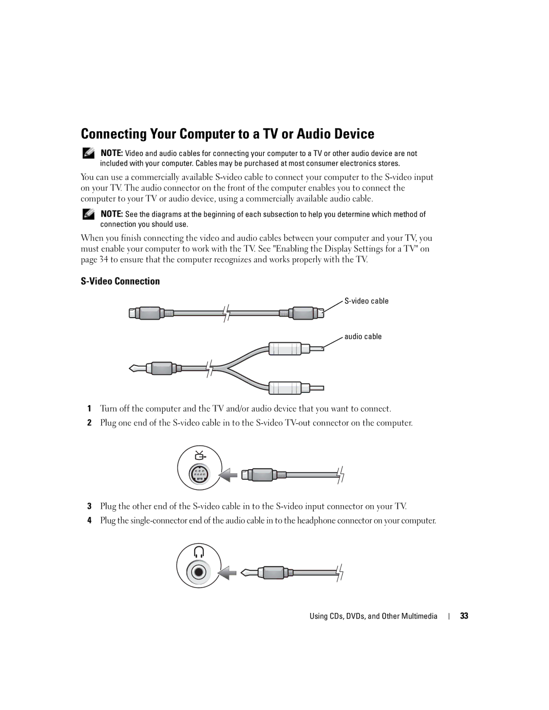 Dell 700M PP07S owner manual Connecting Your Computer to a TV or Audio Device, Video Connection, Video cable Audio cable 