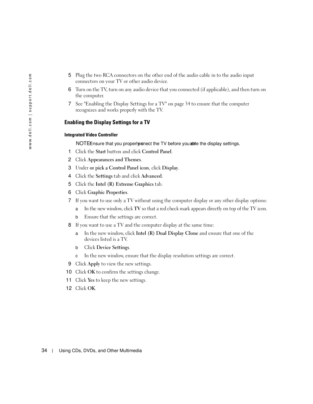 Dell 700M PP07S owner manual Enabling the Display Settings for a TV, Click the Settings tab and click Advanced 