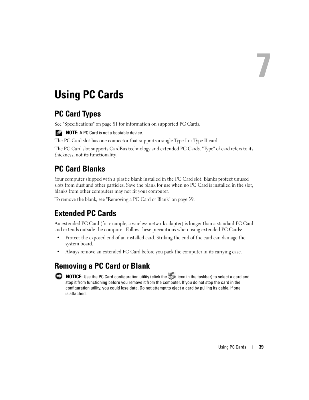 Dell 700M PP07S owner manual Using PC Cards, PC Card Types, PC Card Blanks, Extended PC Cards, Removing a PC Card or Blank 