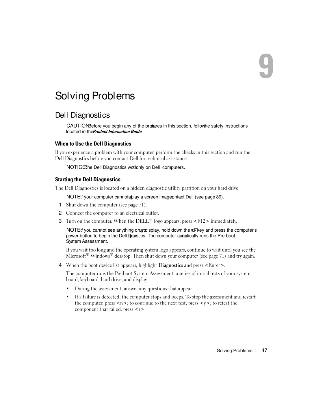 Dell 700M PP07S owner manual Solving Problems, When to Use the Dell Diagnostics, Starting the Dell Diagnostics 