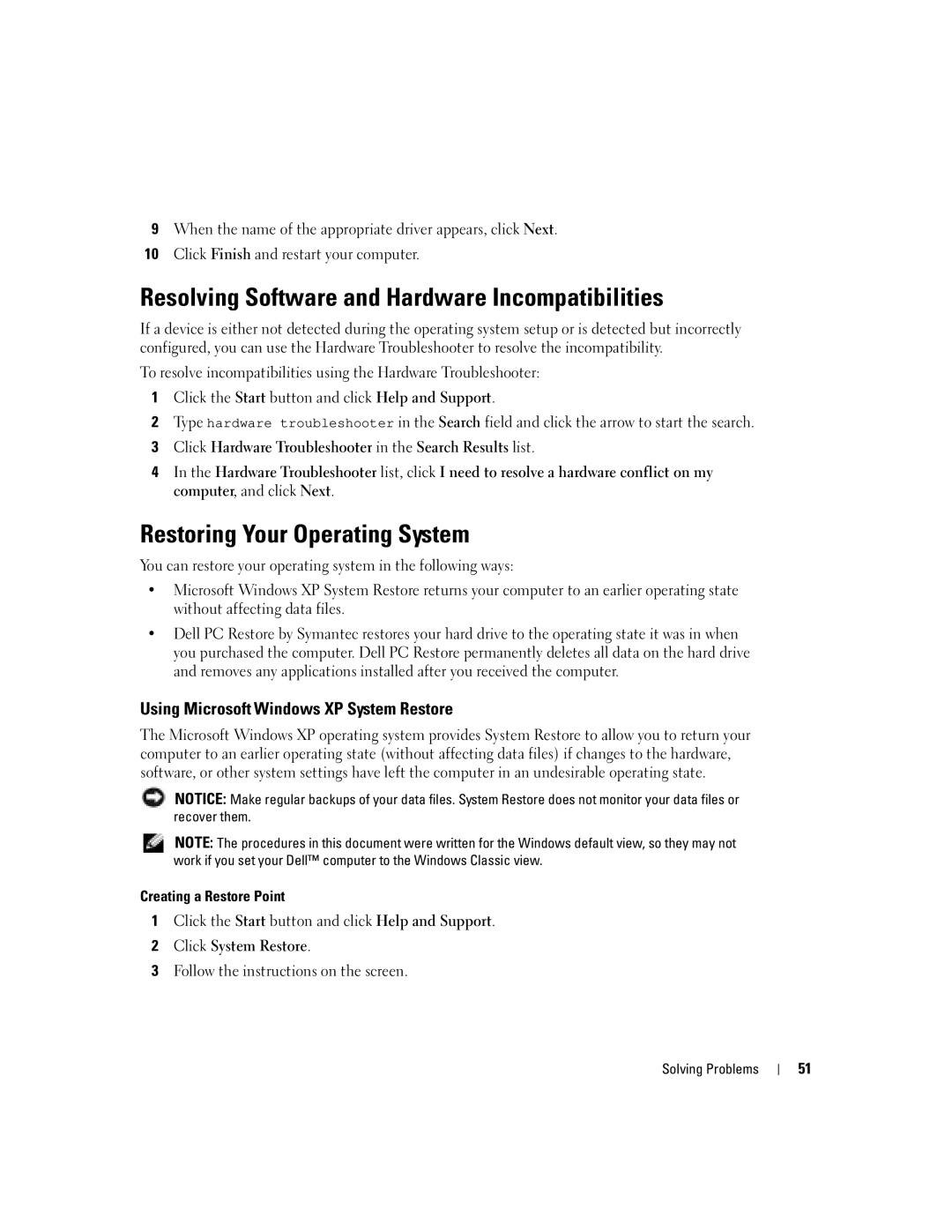 Dell 700M PP07S owner manual Resolving Software and Hardware Incompatibilities, Restoring Your Operating System 