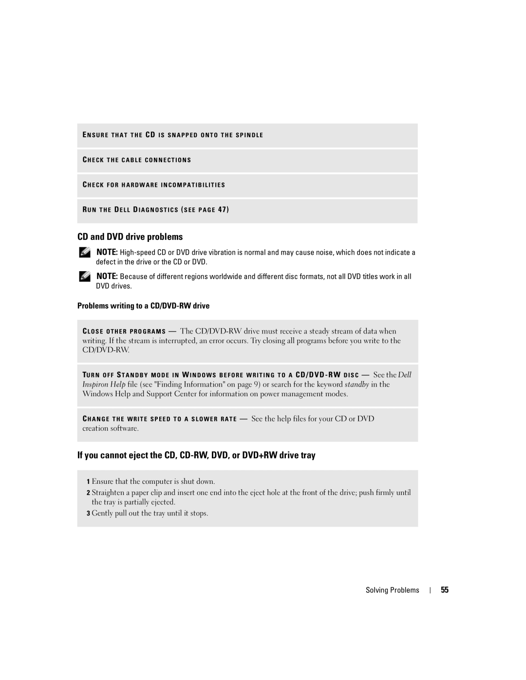 Dell 700M PP07S owner manual CD and DVD drive problems, Problems writing to a CD/DVD-RW drive 