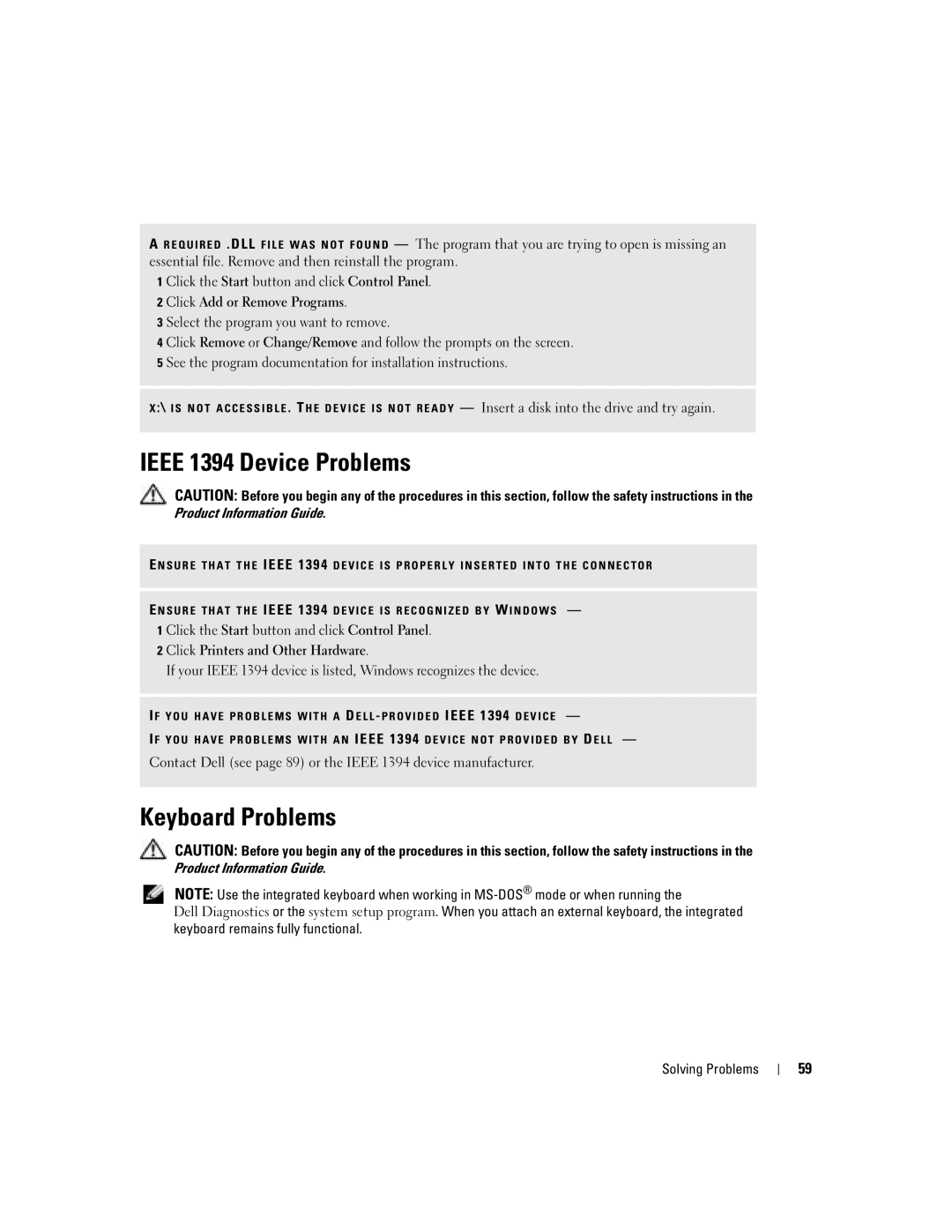 Dell 700M PP07S owner manual Ieee 1394 Device Problems, Keyboard Problems 