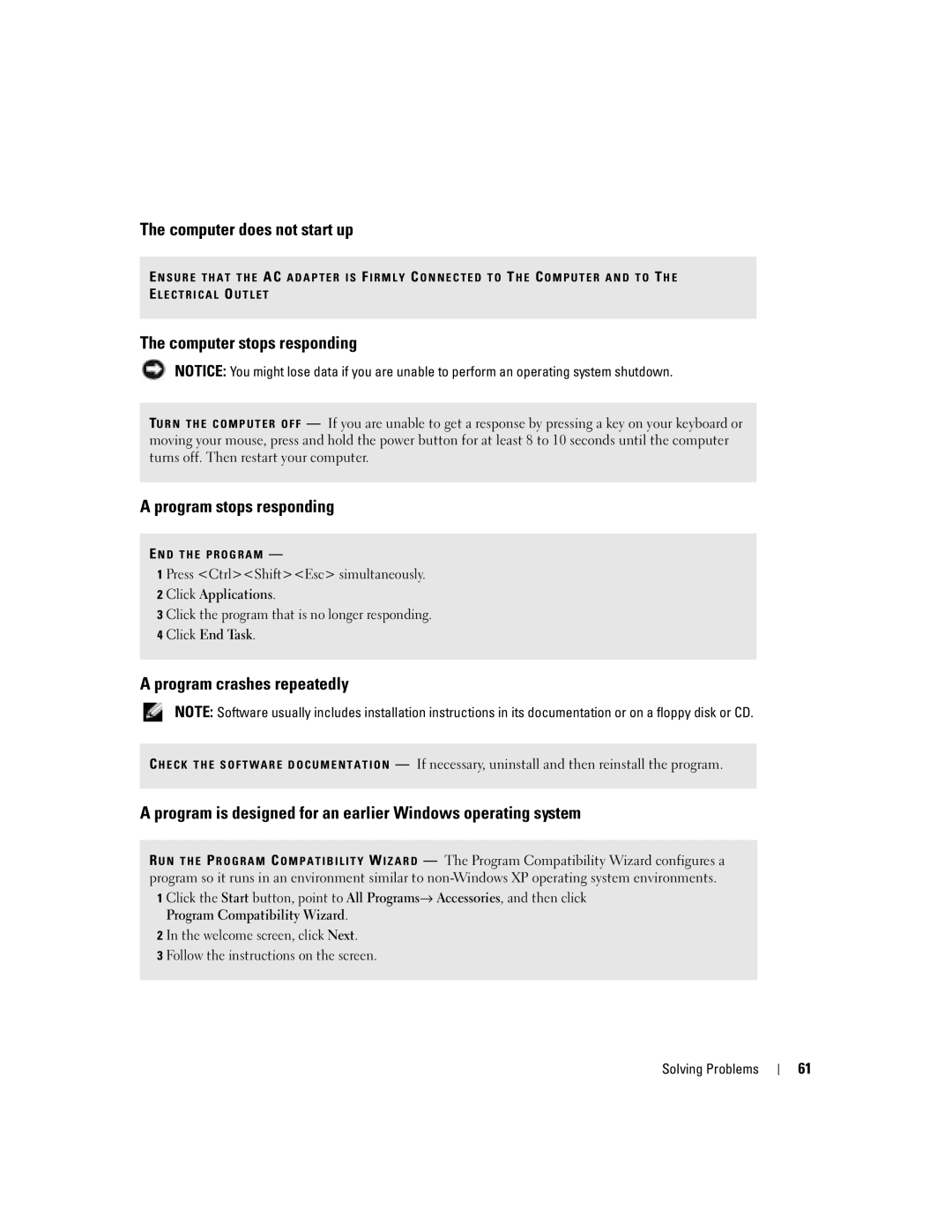 Dell 700M PP07S owner manual Computer does not start up, Computer stops responding, Program stops responding 