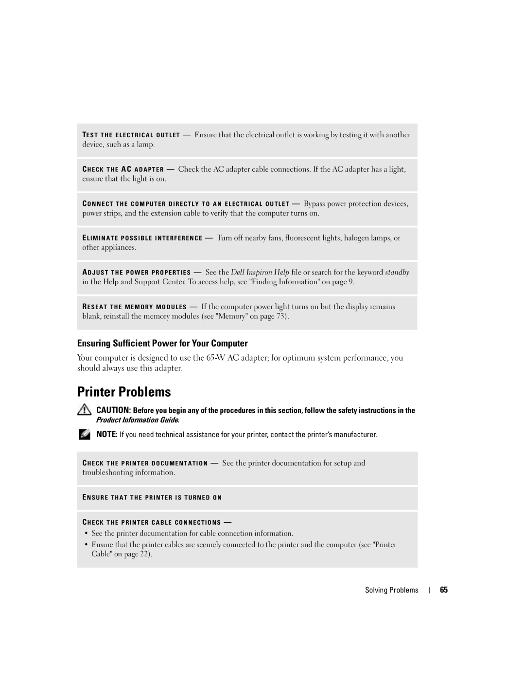 Dell 700M PP07S owner manual Printer Problems, Ensuring Sufficient Power for Your Computer 