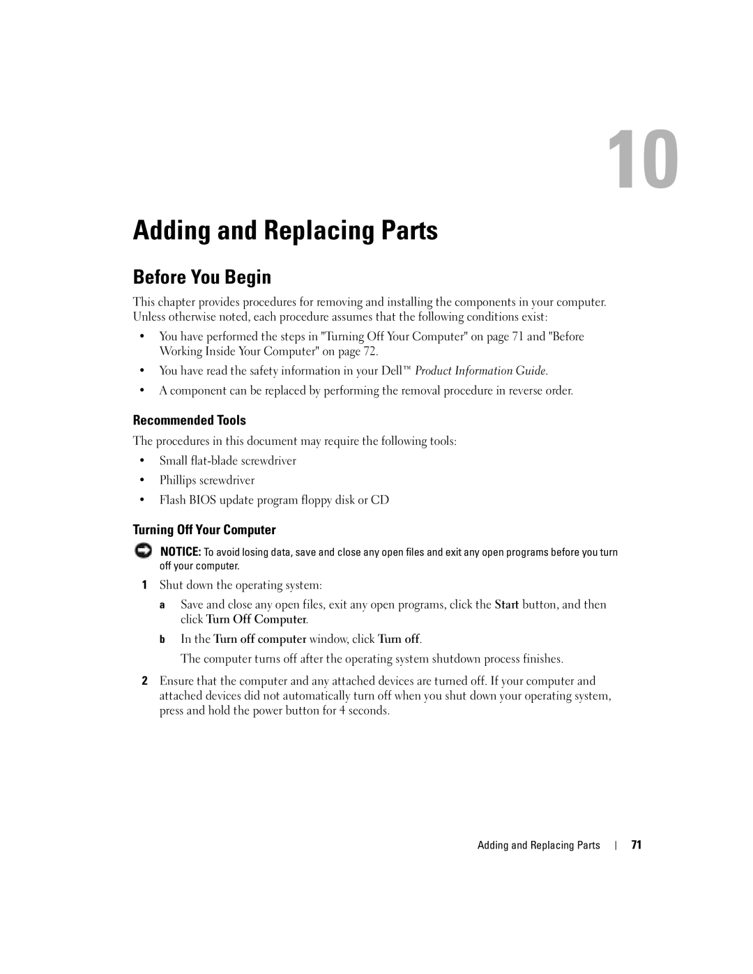 Dell 700M PP07S owner manual Adding and Replacing Parts, Before You Begin, Recommended Tools, Turning Off Your Computer 