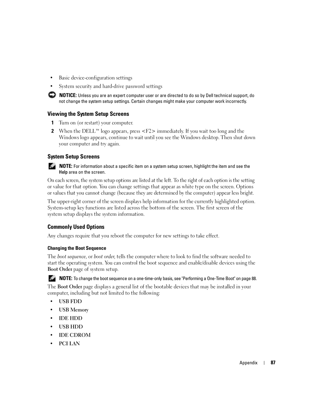 Dell 700M PP07S owner manual Viewing the System Setup Screens, Commonly Used Options, USB Memory 