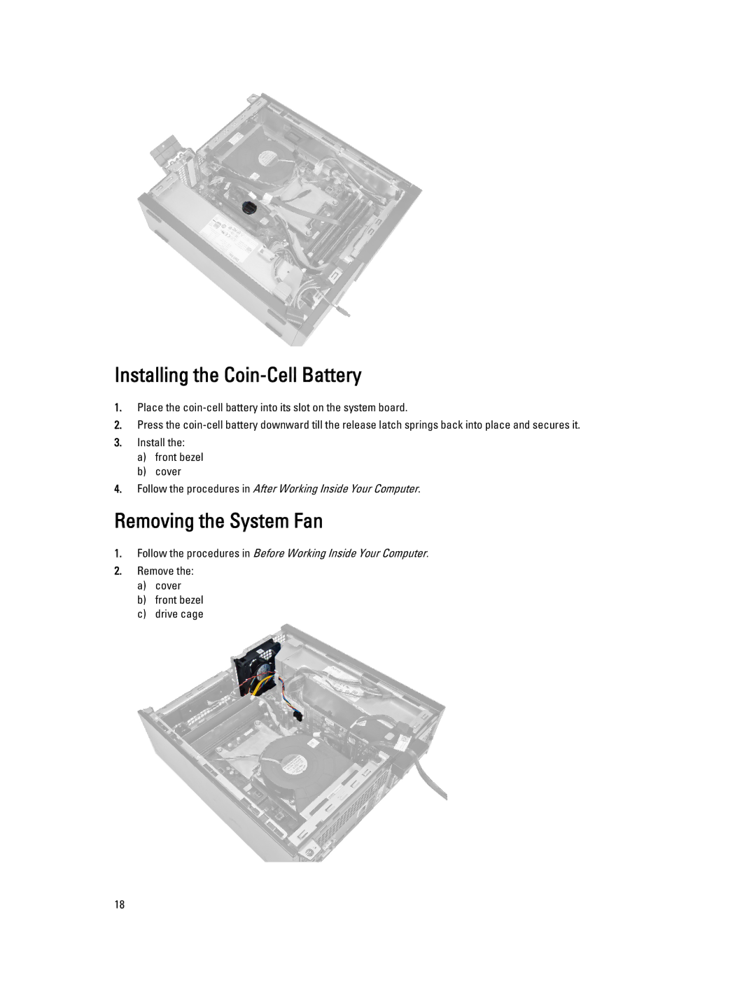 Dell 7010 owner manual Installing the Coin-Cell Battery, Removing the System Fan, Remove Cover Front bezel Drive cage 