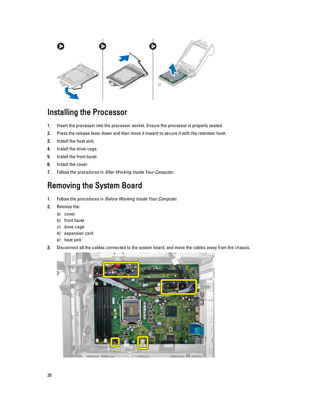 Dell 7010 owner manual Installing the Processor, Removing the System Board 