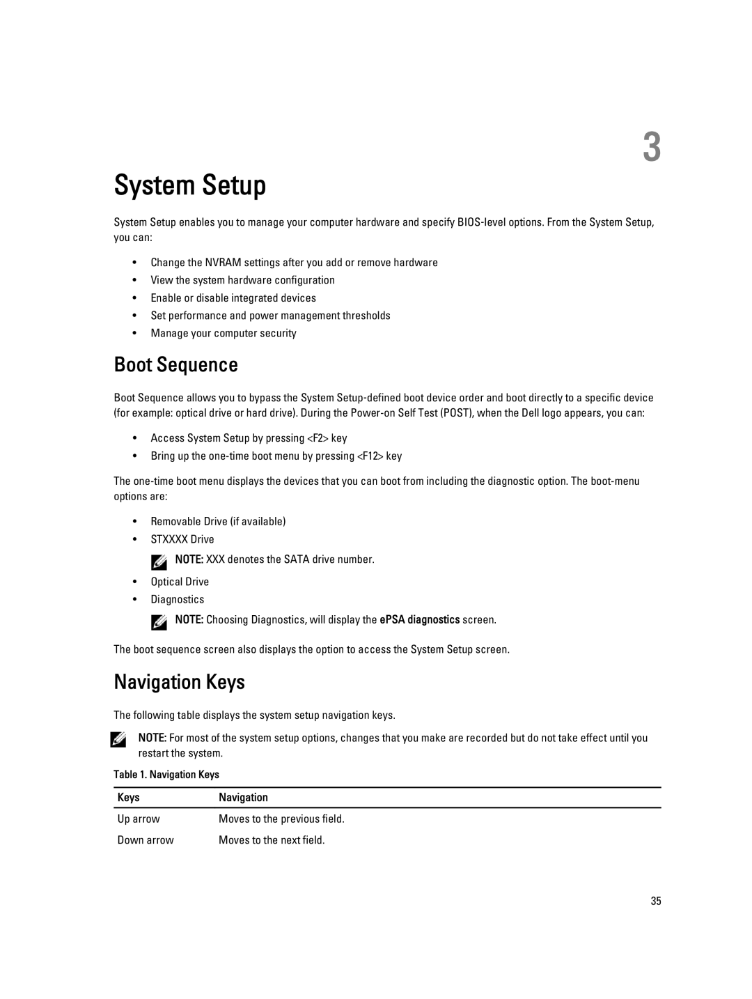 Dell 7010 System Setup, Boot Sequence, Navigation Keys, Following table displays the system setup navigation keys 