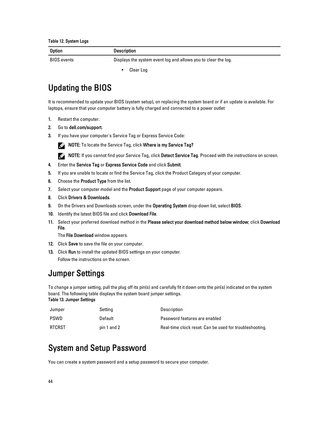 Dell 7010 owner manual Updating the Bios, Jumper Settings, System and Setup Password, Click Drivers & Downloads 