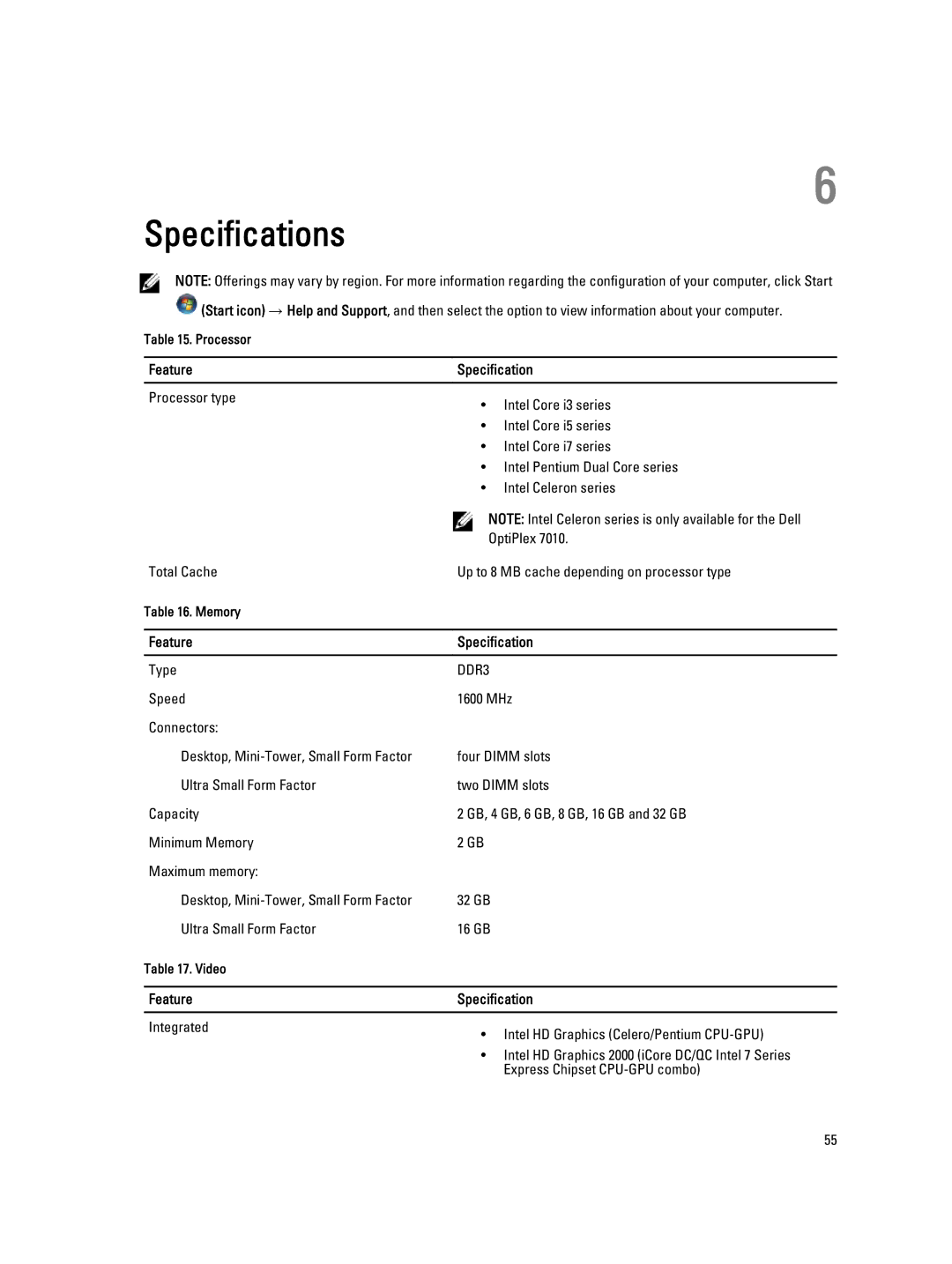 Dell 7010 owner manual Specifications, Feature Specification 