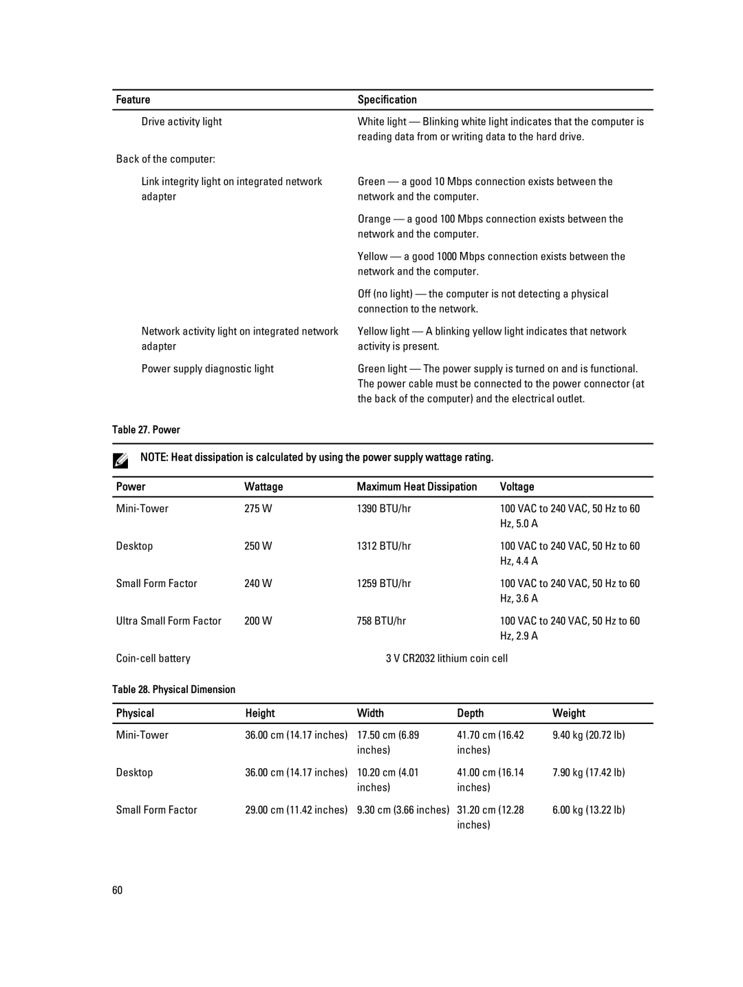 Dell 7010 owner manual Power Wattage Maximum Heat Dissipation Voltage, Physical Height Width Depth Weight 